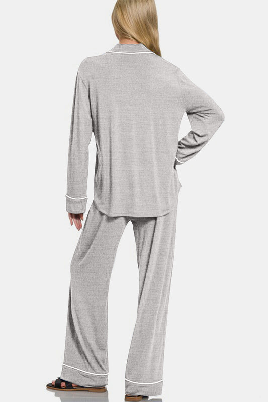 Zenana Button Down Long Sleeve Top and Pants Lounge Set Apparel Apparel Ship from USA TikTok Trendsi Zenana Trendsi https://www.cyberehub.com