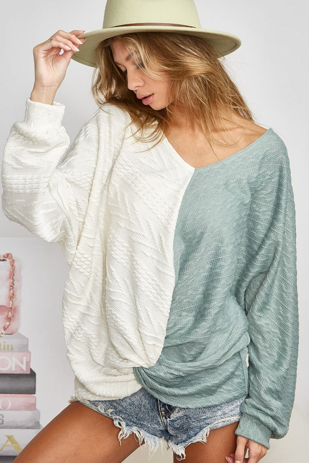 BiBi Twist Front Contrast Cable Knit Top Shirt Apparel BiBi Clothing Tops Ship from USA Shirts USA Women Trendsi https://www.cyberehub.com