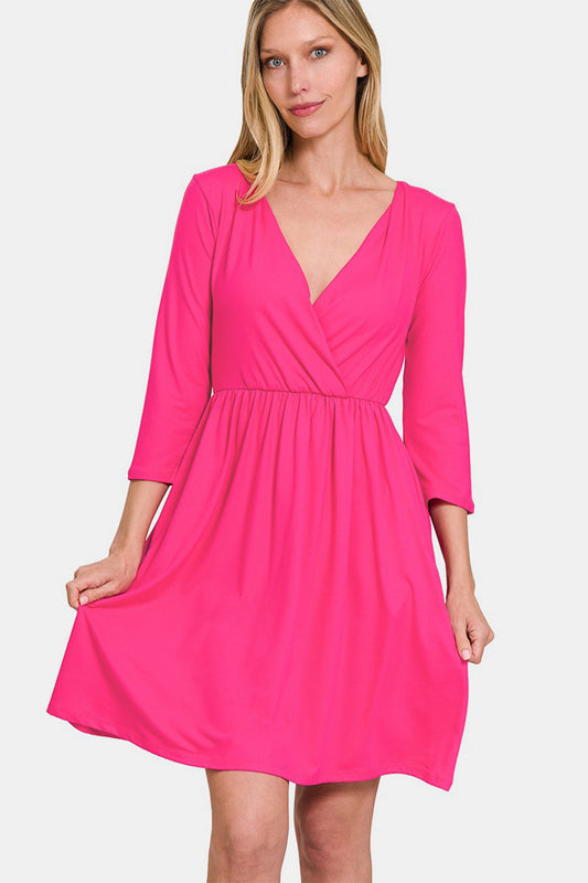 Zenana Three-Quarter Sleeve Surplice Dress with Pockets Hot Pink Apparel/Dress Dress Ship from USA TikTok Trendsi USPS Walmart Walmart Apparel Zenana Trendsi https://www.cyberehub.com