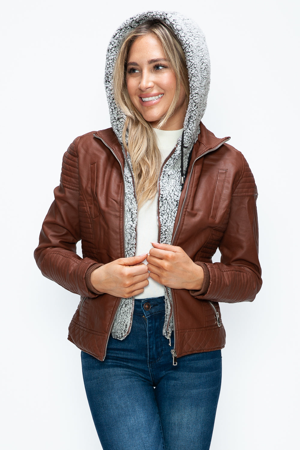 YMI Faux Layered Double-Zipper Jacket with Fuzzy Hood Tops/Jackets/Sweaters Clothing Tops Ship from USA TikTok Trendsi USPS Walmart YMI outerwear Trendsi https://www.cyberehub.com