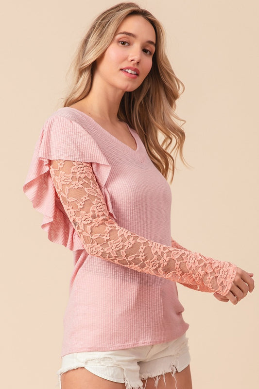 BiBi Ruffled Lace Sleeve Rib Knit Top Apparel/Tops BiBi Ship from USA TikTok Tops Trendsi USPS Walmart Walmart Apparel Trendsi https://www.cyberehub.com