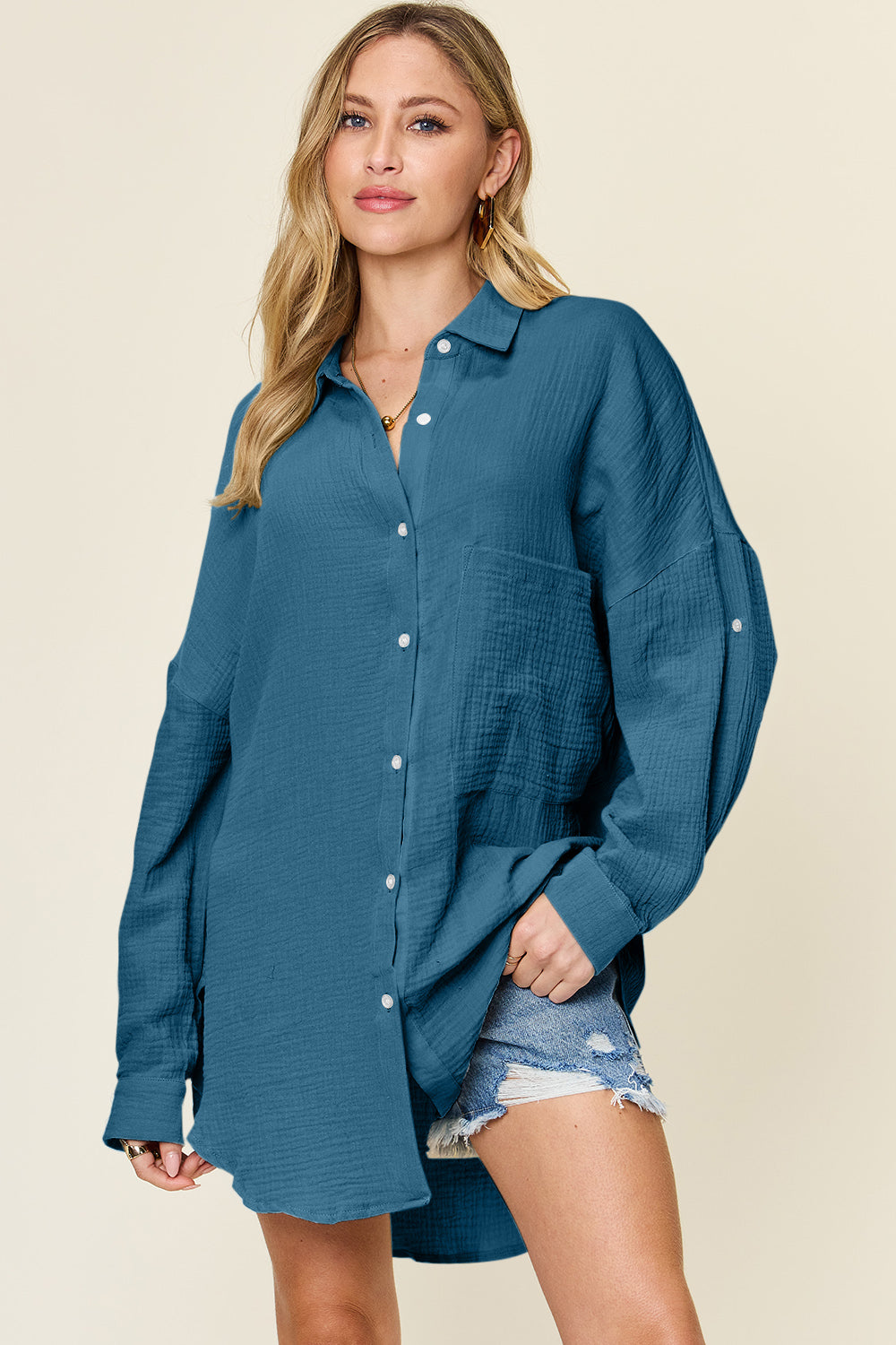 Double Take Full Size Pocketed Texture Button Up Shirt Apparel/Tops Double Take Ship from USA TikTok Tops Trendsi USPS Walmart Walmart Apparel Trendsi https://www.cyberehub.com