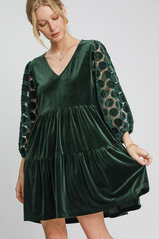 Umgee Dotted Lace Sleeve Tiered Velvet Mini Dress Dark Green Apparel Apparel Ship from USA TikTok Trendsi Umgee USA Trendsi https://www.cyberehub.com