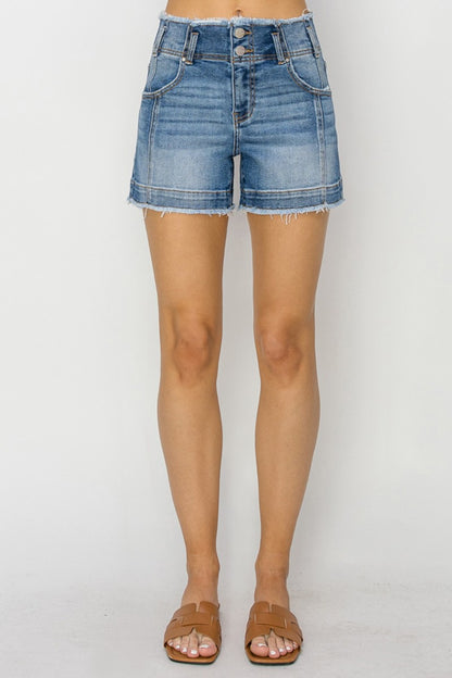 RISEN High Rise Seam Detailed Raw Edge Denim Shorts Bottoms Bottoms Clothing Pants RISEN Ship from USA Women Trendsi https://www.cyberehub.com