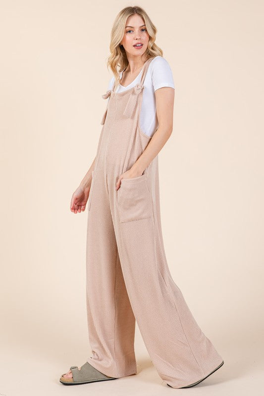 BOMBOM Knot Straps Wide Leg Ribbed Overalls with Pockets Apparel Apparel BOMBOM Ship from USA TikTok Trendsi Trendsi https://www.cyberehub.com