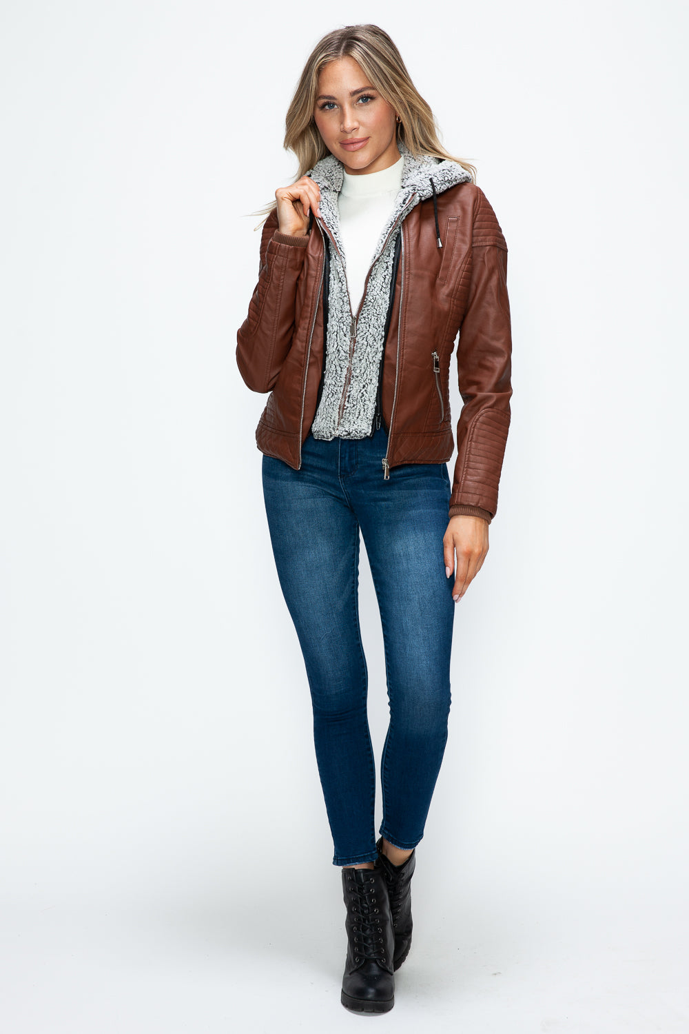 YMI Faux Layered Double-Zipper Jacket with Fuzzy Hood Tops/Jackets/Sweaters Clothing Tops Ship from USA TikTok Trendsi USPS Walmart YMI outerwear Trendsi https://www.cyberehub.com