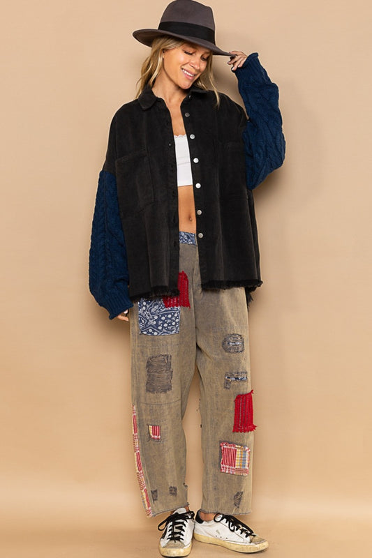 POL Contrast Sweater Sleeve Button Down Shacket Black Ocean Shirt Apparel Clothing Tops POL Ship from USA Shirts USA Women Trendsi https://www.cyberehub.com