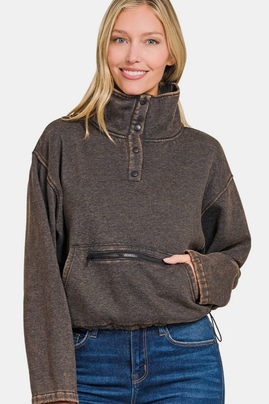 Zenana Acid Wash Fleece Half Snap Sweatshirt with Pocket Ash Black Tops/Jackets/Sweaters Clothing Tops Ship from USA TikTok Trendsi USPS Walmart Zenana Trendsi https://www.cyberehub.com