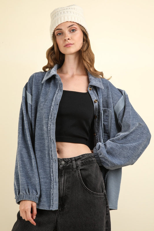 VERY J Mixed Media Button Down Raw Hem Shacket Denim Shirt Apparel Clothing Tops price-change-job-active Ship from USA Shirts USA VERY J Women Trendsi https://www.cyberehub.com