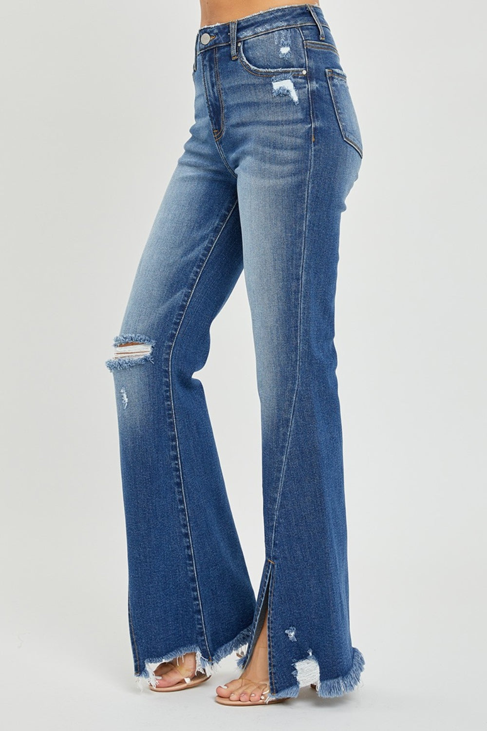 RISEN Full Size High Rise Front Slit Frayed Hem Flare Jeans Bottoms Bottoms Clothing RISEN Ship from USA Women Trendsi https://www.cyberehub.com