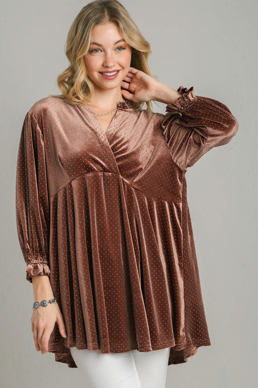 Umgee Full Size Beaded Frill Flounce Sleeve Velvet Babydoll Blouse Brown Apparel Apparel Ship from USA TikTok Trendsi Umgee USA Trendsi https://www.cyberehub.com