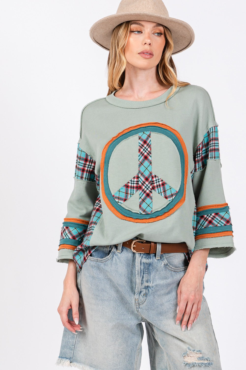 SAGE + FIG Peace Applique Patch Contrast Plaid Top Tops/Jackets/Sweaters Clothing Tops SAGE+FIG Ship from USA TikTok Trendsi USPS Walmart Trendsi https://www.cyberehub.com