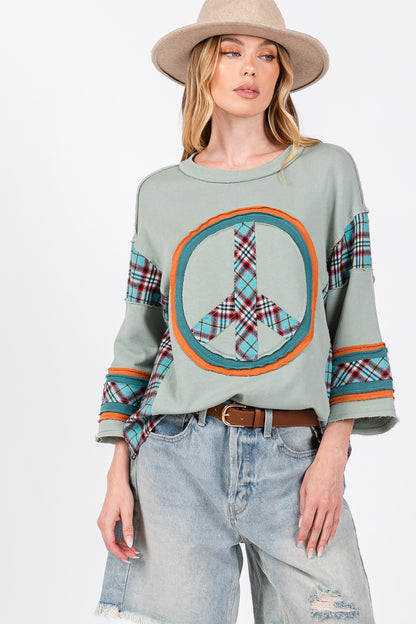 SAGE + FIG Peace Applique Patch Contrast Plaid Top Tops/Jackets/Sweaters Clothing Tops SAGE+FIG Ship from USA TikTok Trendsi USPS Walmart Trendsi https://www.cyberehub.com