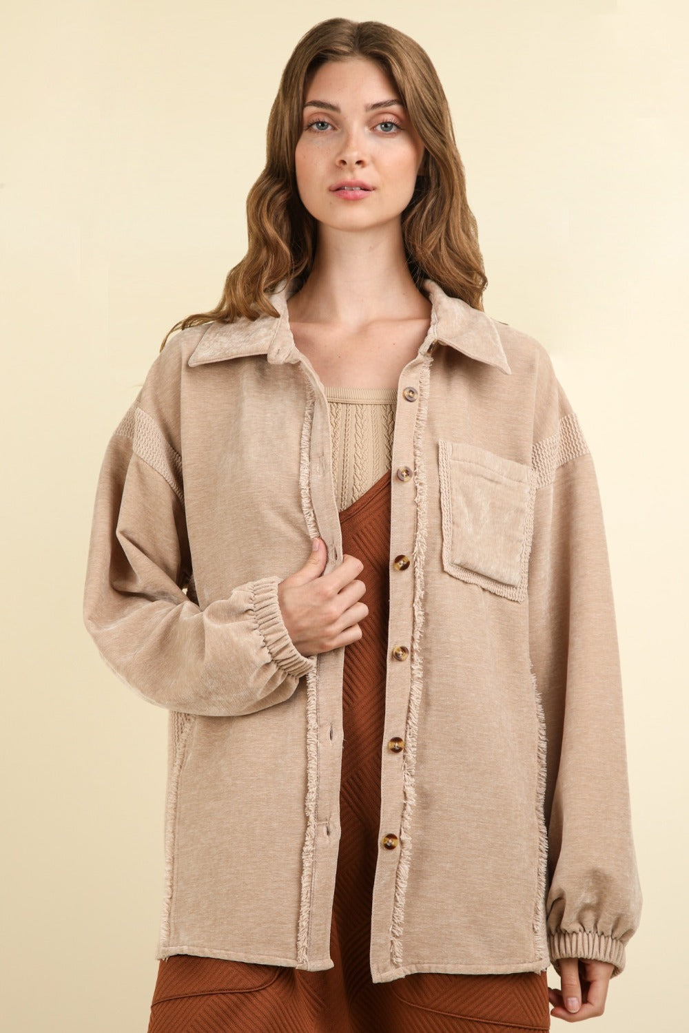 VERY J Mixed Media Button Down Raw Hem Shacket Taupe Shirt Apparel Clothing Tops price-change-job-active Ship from USA Shirts USA VERY J Women Trendsi https://www.cyberehub.com