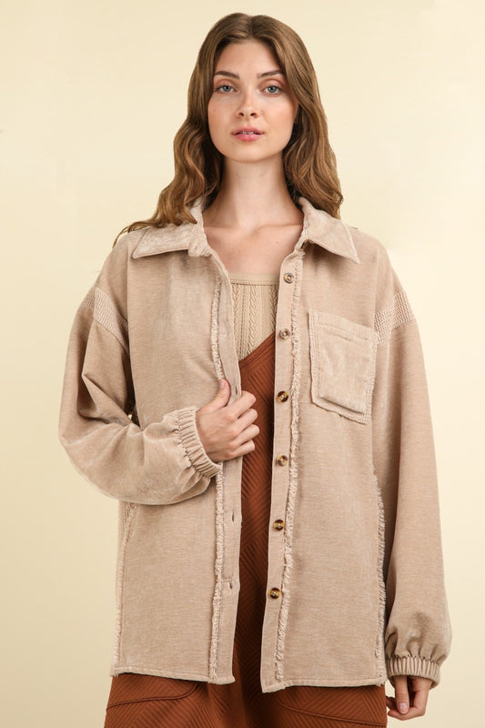 VERY J Mixed Media Button Down Raw Hem Shacket Taupe Shirt Apparel Clothing Tops price-change-job-active Ship from USA Shirts USA VERY J Women Trendsi https://www.cyberehub.com