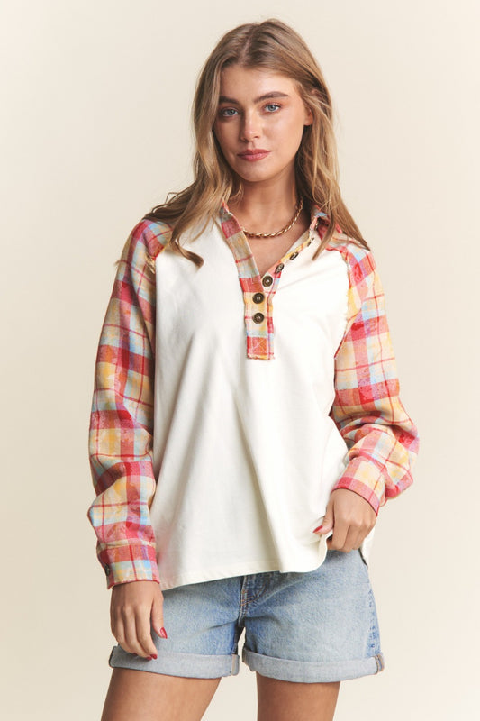 J.NNA Plaid Contrast Button Down Henley Top Ivory Multi Tops/Jackets/Sweaters Clothing Tops J.NNA Ship from USA TikTok Trendsi USPS Walmart Trendsi https://www.cyberehub.com