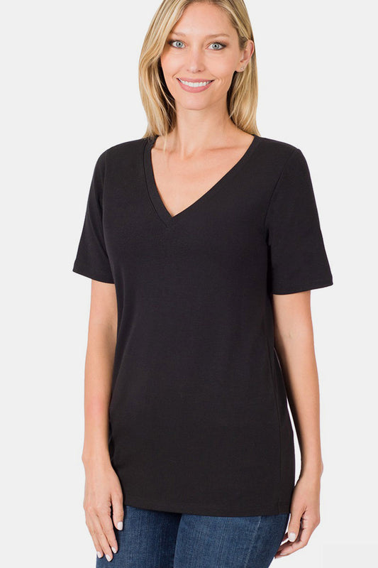 Zenana V-Neck Short Sleeve T-Shirt Black Tops/Jackets/Sweaters Clothing Tops Ship from USA TikTok Trendsi USPS Walmart Zenana Trendsi https://www.cyberehub.com
