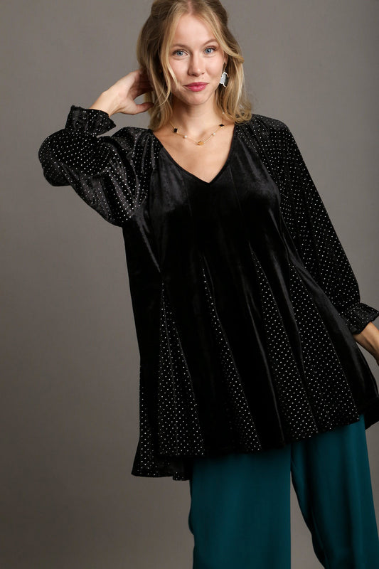 Umgee Godet Hem Polka Dot V-Neck Blouse Black Apparel Apparel Ship from USA TikTok Trendsi Umgee USA Trendsi https://www.cyberehub.com