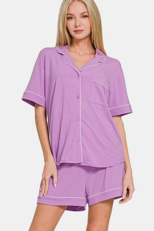Zenana Button Down Short Sleeve Top and Shorts Lounge Set Heliotrope Purple Apparel Apparel Ship from USA TikTok Trendsi Zenana Trendsi https://www.cyberehub.com