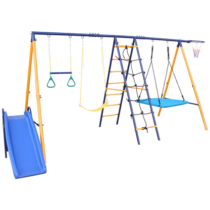 500 lbs 7 in 1 Swing Set for Kids Backyard Outdoor A-Frame Heavy-Duty Metal Swing Sets with Slide, 2 Swing Seats, 1 Climbing Net & Ladder, 1 Gym Ring, 1 Basket Giga GNJ Kids Toys Giga https://www.cyberehub.com