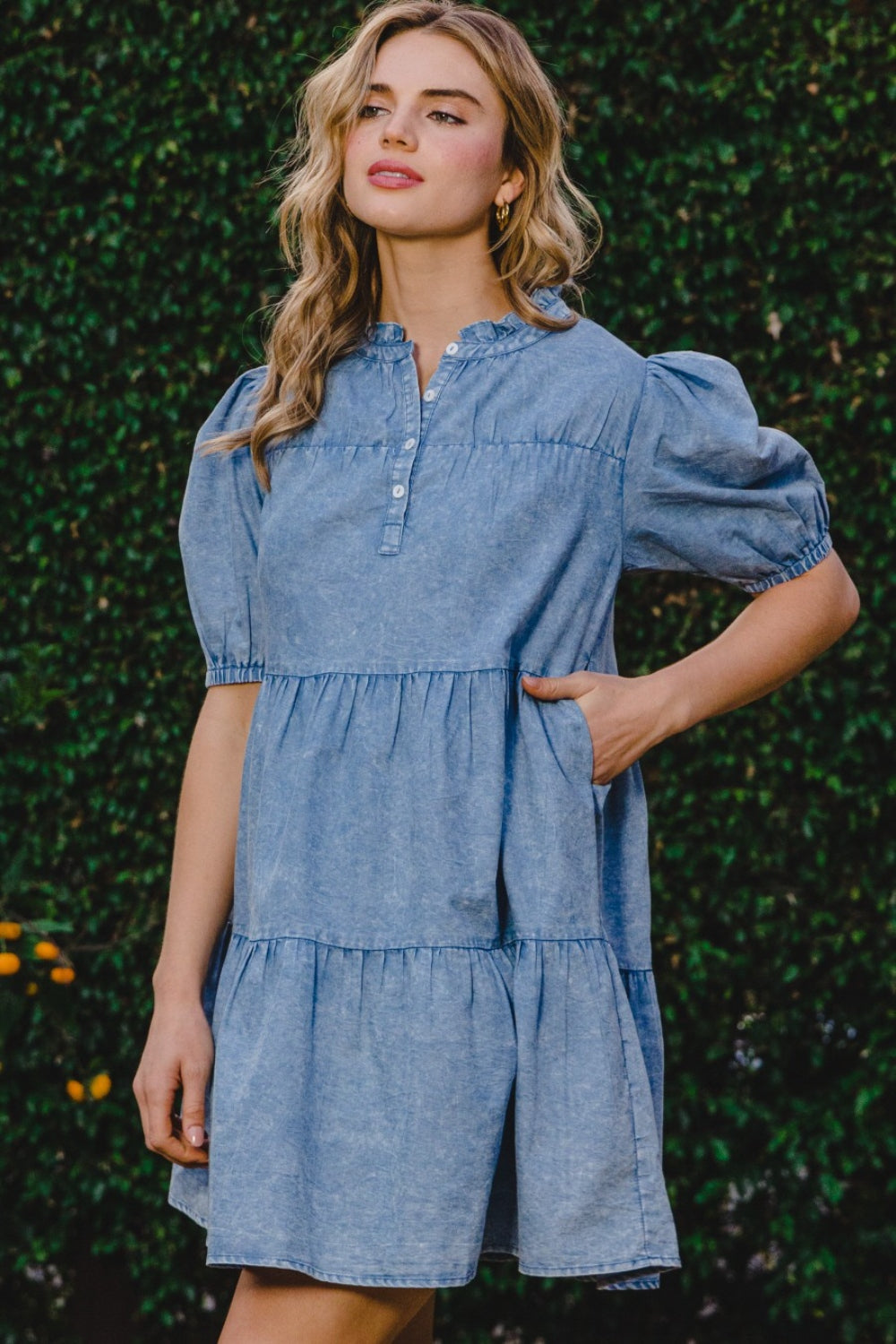 ODDI Washed Tiered Mini Denim Dress Washed Denim Apparel/Dress Dress ODDI Ship from USA TikTok Trendsi USPS Walmart Walmart Apparel Trendsi https://www.cyberehub.com