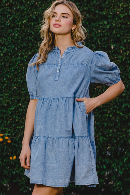 ODDI Washed Tiered Mini Denim Dress Washed Denim Apparel/Dress Dress ODDI Ship from USA TikTok Trendsi USPS Walmart Walmart Apparel Trendsi https://www.cyberehub.com
