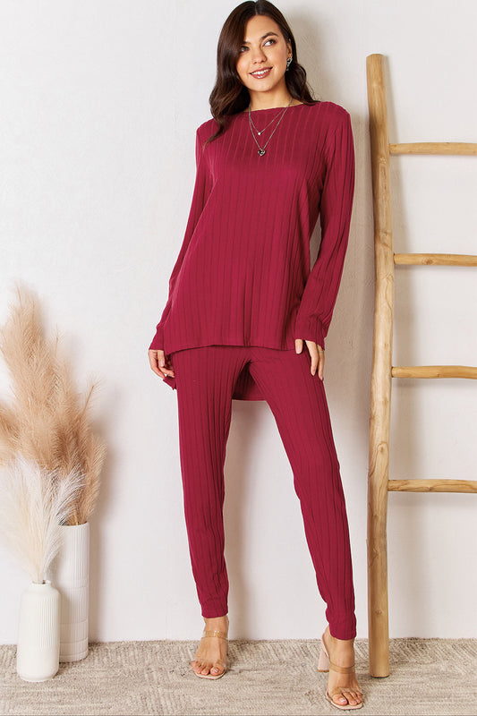 Basic Bae Full Size Ribbed Round Neck High-Low Slit Top and Pants Set Deep Red Apparel/Tops Basic Bae Ship from USA TikTok Tops Trendsi USPS Walmart Walmart Apparel Trendsi https://www.cyberehub.com