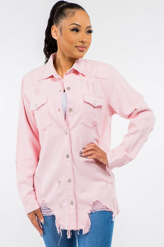 American Bazi Frayed Hem Distressed Denim Jacket Pink Shirt American Bazi Apparel Clothing Tops Ship from USA Shirts USA Women Trendsi https://www.cyberehub.com