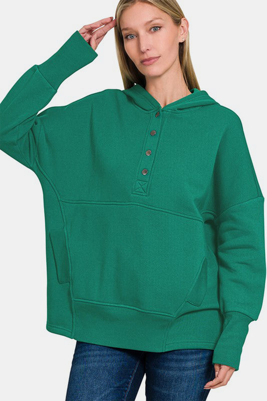 Zenana Half Snap Long Sleeve Hoodie with Kangaroo Pocket Dark Green Apparel/Tops Ship from USA TikTok Tops Trendsi USPS Walmart Walmart Apparel Zenana Trendsi https://www.cyberehub.com