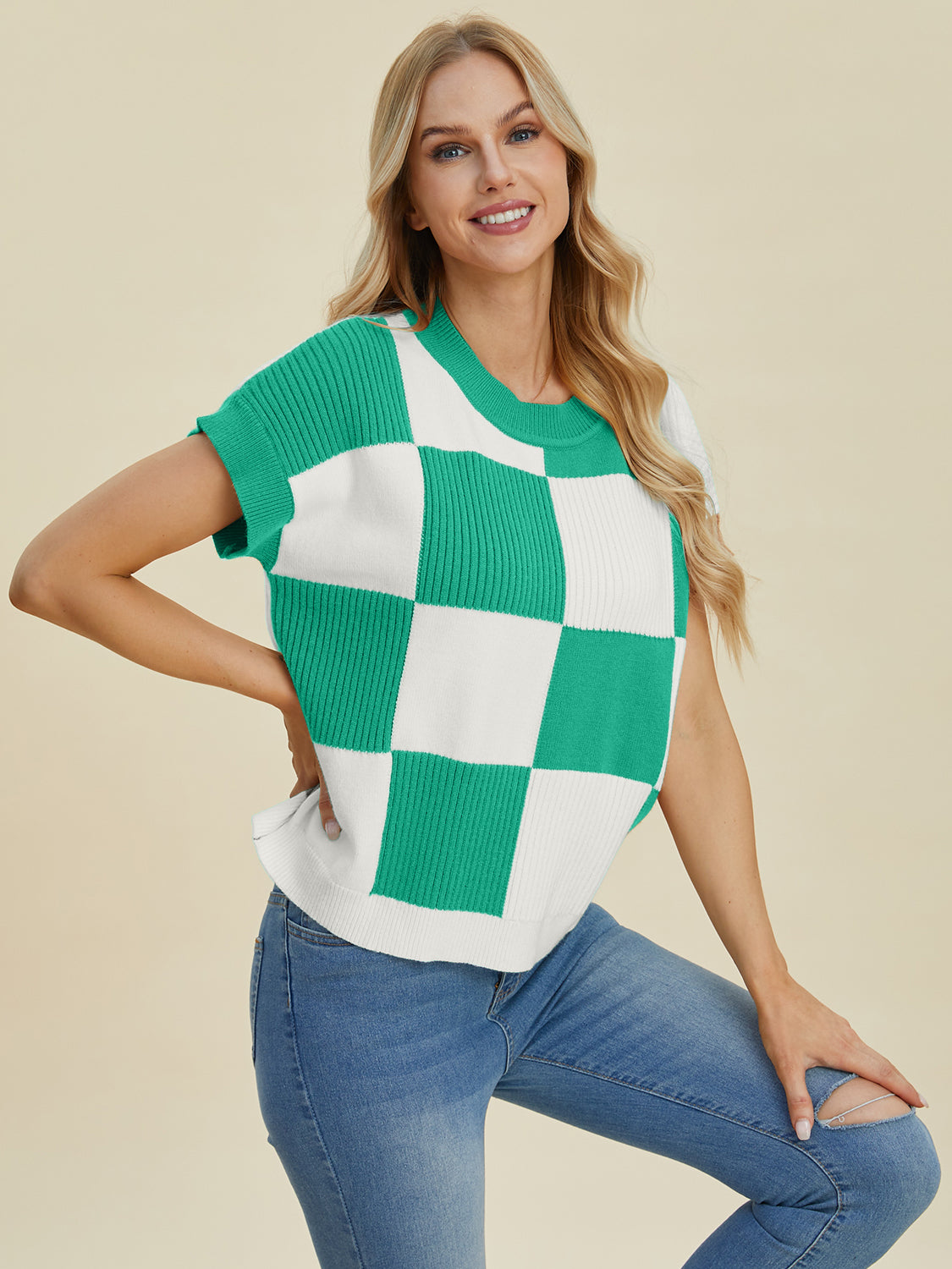 Double Take Full Size Checkered Round Neck Short Sleeve Sweater Shirt Apparel Clothing Tops Double Take Ship from USA Shirts USA Women Trendsi https://www.cyberehub.com