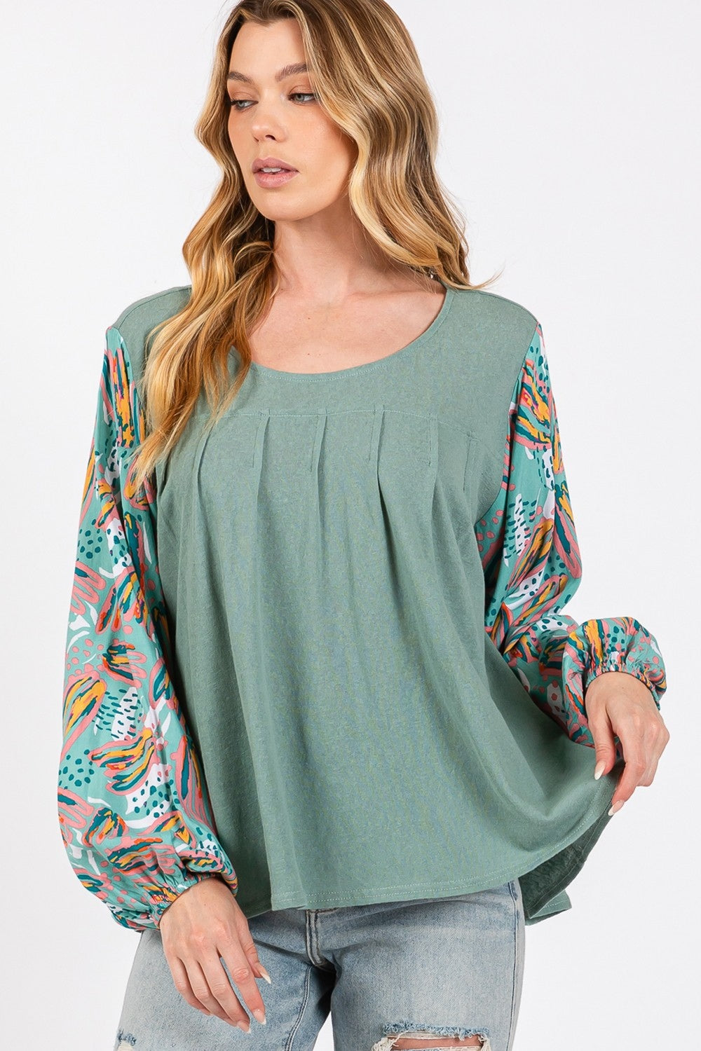 SAGE + FIG Ruched Round Neck Printed Bubble Sleeve Top Tops/Jackets/Sweaters Clothing Tops SAGE+FIG Ship from USA TikTok Trendsi USPS Walmart Trendsi https://www.cyberehub.com
