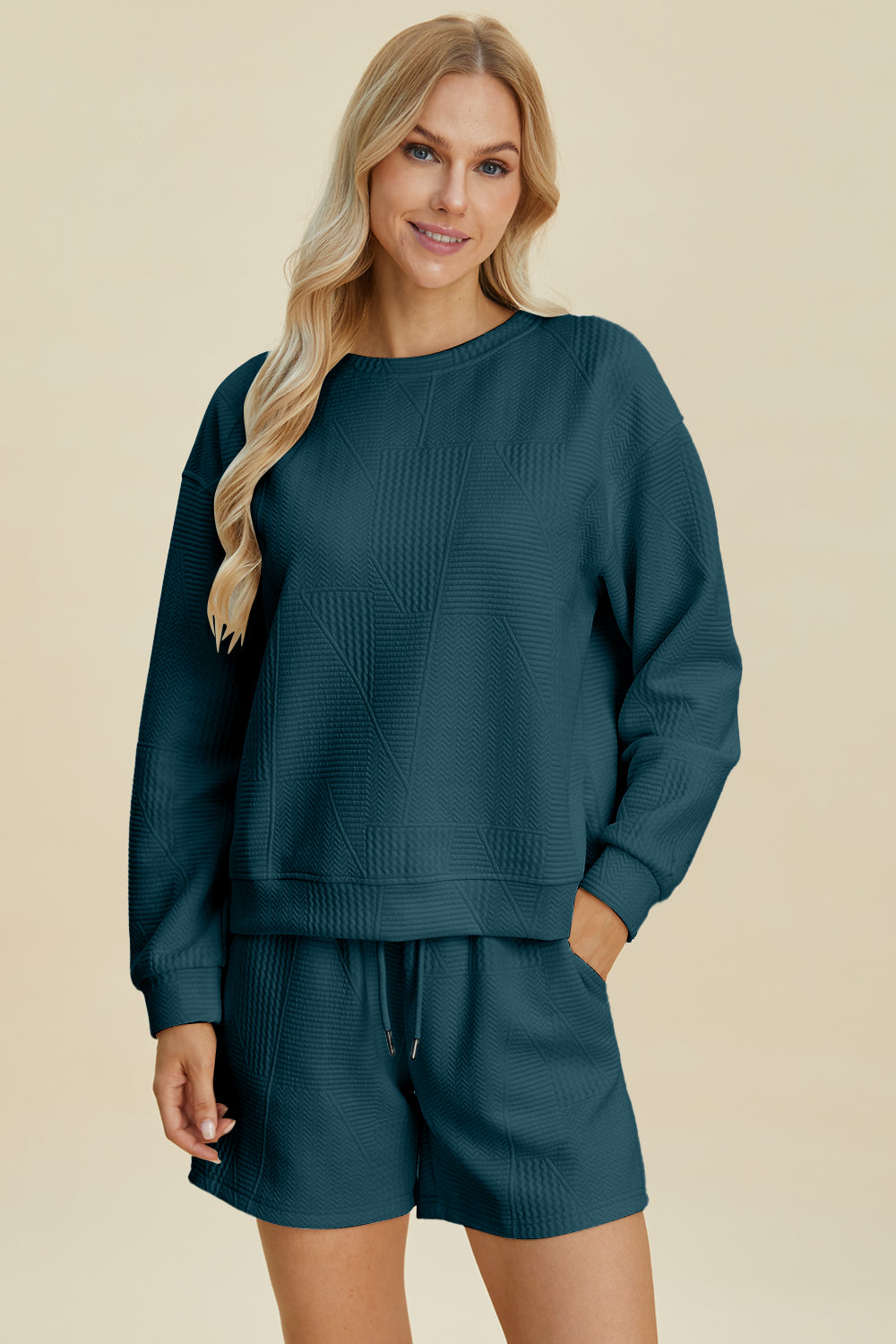 Double Take Full Size Texture Round Neck Long Sleeve Top and Shorts Set Peacock Blue Tops/Jackets/Sweaters Clothing Tops Double Take Outlets 2.20-3.30 Ship from USA TikTok Trendsi USPS Walmart Trendsi https://www.cyberehub.com