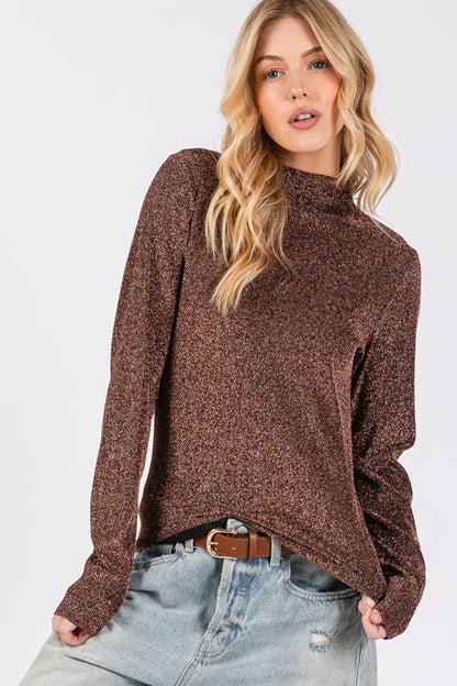 SAGE + FIG Glitter Mock Neck Lettuce Hem Long Sleeve Top Apparel Apparel SAGE+FIG Ship from USA TikTok Trendsi Trendsi https://www.cyberehub.com