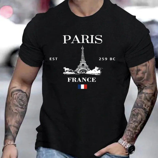 Paris Printed Men's Round Neck Fashionable Short Sleeved Sports T-shirt, Comfortable And Diverse, Suitable For Summer And Spring, Sporty Style, Comfortable And Versatile, As A Gift Apparel/Shirt/Graphic Shirt SNULLO https://www.cyberehub.com