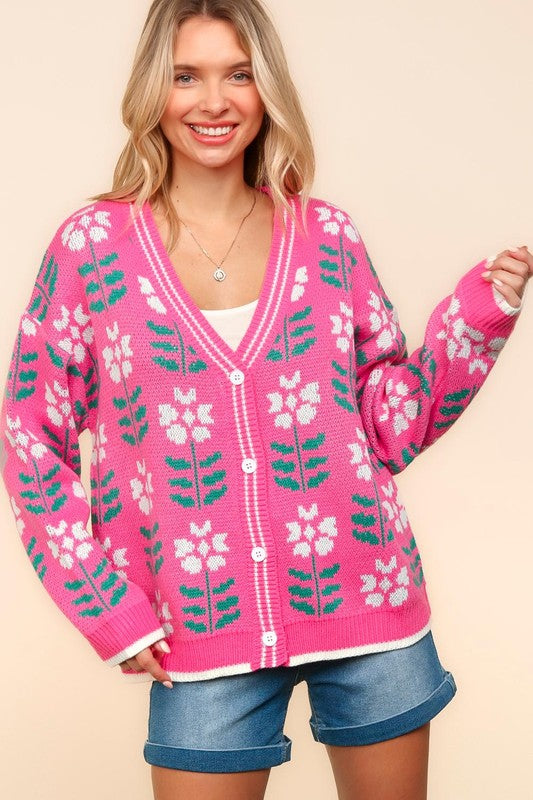 Haptics Full Size Floral Jacquard V-Neck Button Up Cardigan Hot Pink Apparel Apparel Haptics Ship from USA TikTok Trendsi Trendsi https://www.cyberehub.com