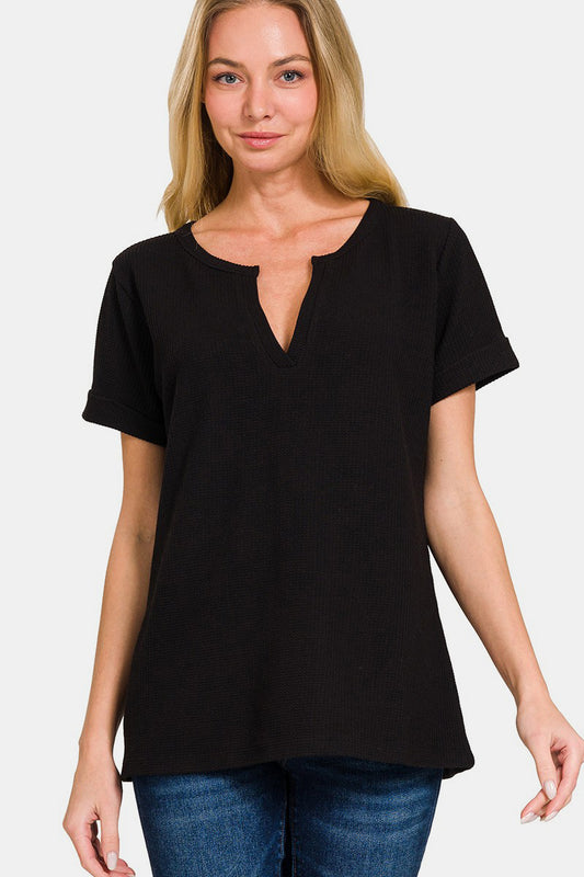 Zenana Notched Short Sleeve Waffle T-Shirt Black Apparel/Tops Memorial Day Sale Ship from USA TikTok Tops Trendsi USPS Walmart Walmart Apparel Zenana Trendsi https://www.cyberehub.com
