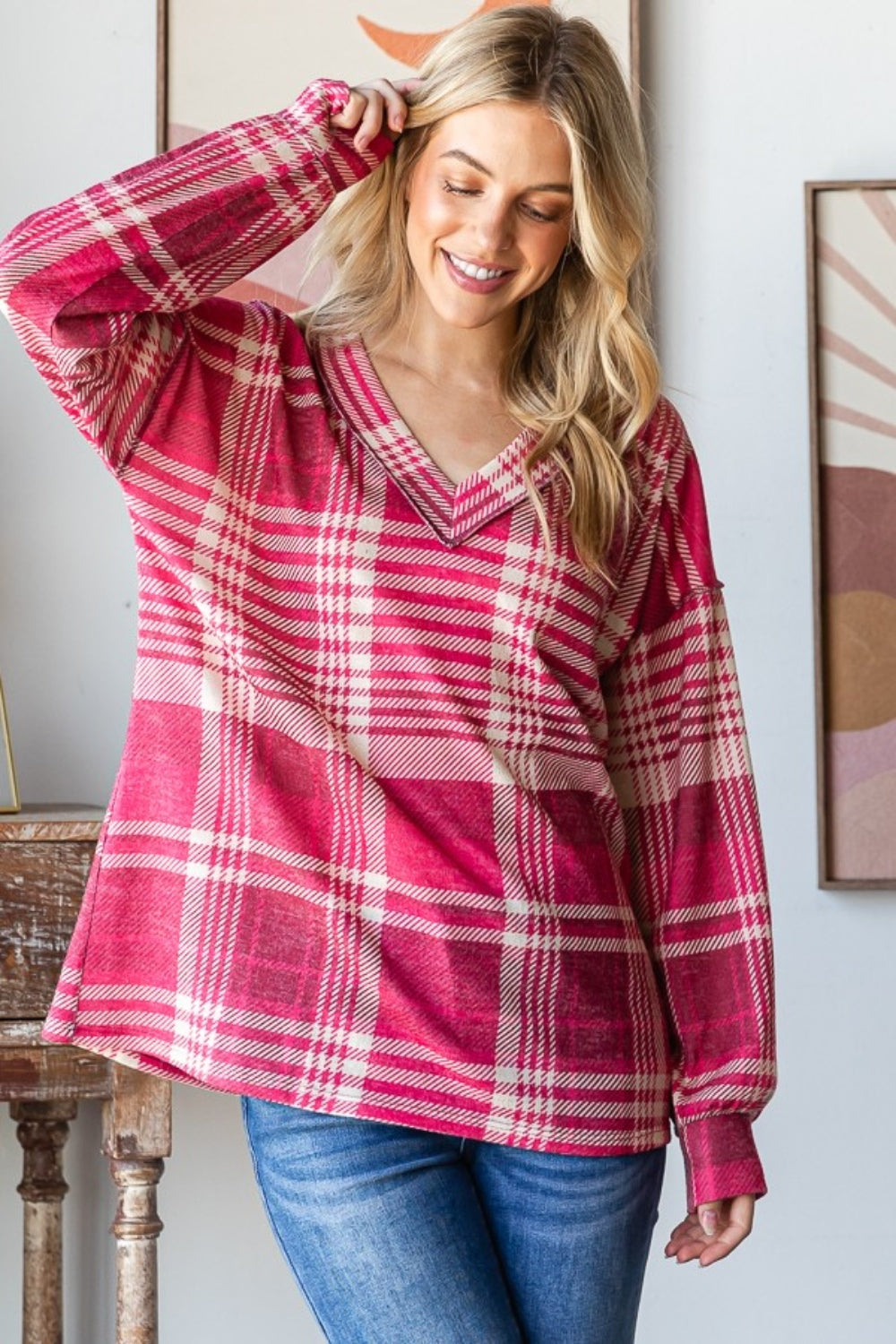 Heimish Plaid Drop Shoulder V-Neck T-Shirt Tops/Jackets/Sweaters Clothing Tops Heimish Ship from USA TikTok Trendsi USPS Walmart Trendsi https://www.cyberehub.com