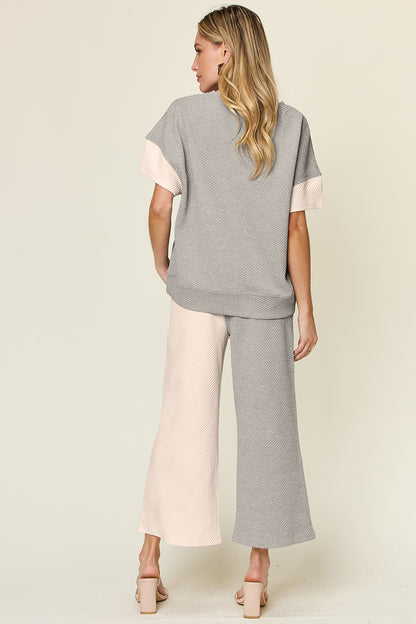 Double Take Full Size Texture Contrast T-Shirt and Wide Leg Pants Set Apparel/Tops Double Take Ship from USA TikTok Tops Trendsi USPS Walmart Walmart Apparel Trendsi https://www.cyberehub.com