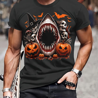 Men's Casual Polyester Round Neck T-shirt With 3D Shark And Halloween Pumpkin Patterns, Fitted Knit Fabric, Slightly Elastic Apparel/Shirt/Graphic Shirt SNULLO https://www.cyberehub.com