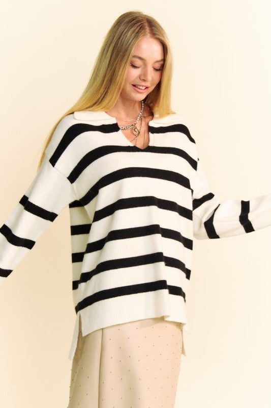 Davi & Dani High-Low Side Slit Striped Johnny Collar Sweater Tops/Jackets/Sweaters Clothing Tops Davi & Dani Ship from USA TikTok Trendsi USPS Walmart Trendsi https://www.cyberehub.com