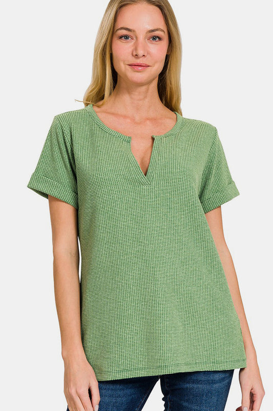 Zenana Waffle Notched Short Sleeve T-Shirt DK GREEN Apparel/Tops Ship from USA TikTok Tops Trendsi USPS Walmart Walmart Apparel Zenana Trendsi https://www.cyberehub.com