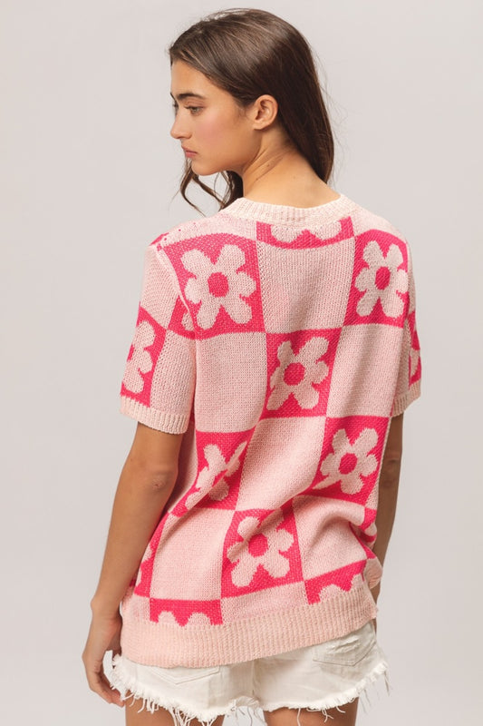 BiBi Flower Checker Pattern Short Sleeve Sweater Shirt Apparel BiBi Clothing Tops Ship from USA Shirts USA Women Trendsi https://www.cyberehub.com
