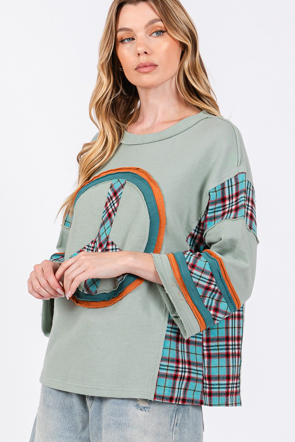 SAGE + FIG Peace Applique Patch Contrast Plaid Top Tops/Jackets/Sweaters Clothing Tops SAGE+FIG Ship from USA TikTok Trendsi USPS Walmart Trendsi https://www.cyberehub.com