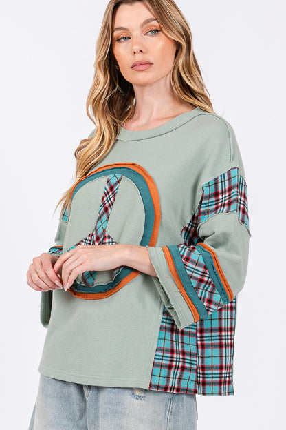 SAGE + FIG Peace Applique Patch Contrast Plaid Top Tops/Jackets/Sweaters Clothing Tops SAGE+FIG Ship from USA TikTok Trendsi USPS Walmart Trendsi https://www.cyberehub.com