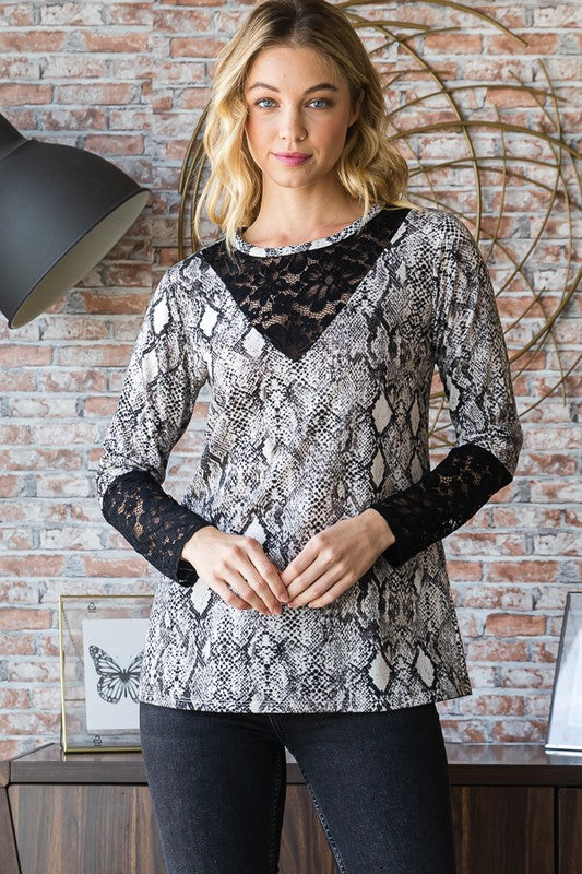 Heimish Full Size Snakeskin Print Round Neck Lace Contrast Top Apparel Apparel Heimish Ship from USA TikTok Trendsi Trendsi https://www.cyberehub.com