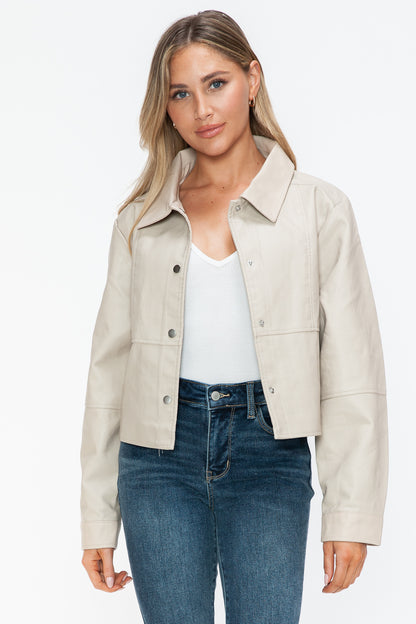 Snobbish Snap Down Long Sleeve PU Leather Jacket Tops/Jackets/Sweaters Clothing Tops Ship from USA Snobbish TikTok Trendsi USPS Walmart Trendsi https://www.cyberehub.com