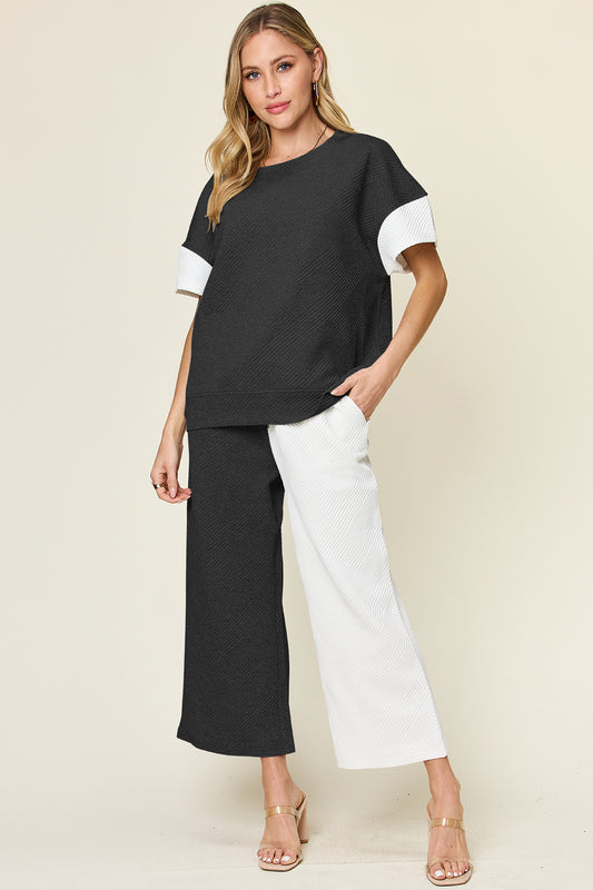 Double Take Full Size Texture Contrast T-Shirt and Wide Leg Pants Set White Apparel/Tops Double Take Ship from USA TikTok Tops Trendsi USPS Walmart Walmart Apparel Trendsi https://www.cyberehub.com