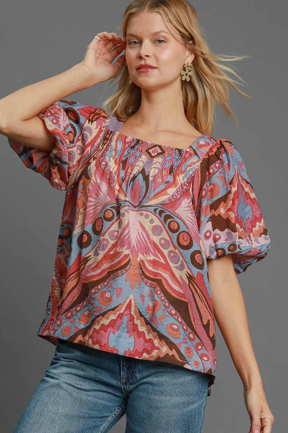 Umgee Full Size Abstract Print Smocked Square Neck Puff Sleeve Blouse Pink Mix Apparel/Tops Ship from USA TikTok Tops Trendsi Umgee USA USPS Walmart Walmart Apparel Trendsi https://www.cyberehub.com