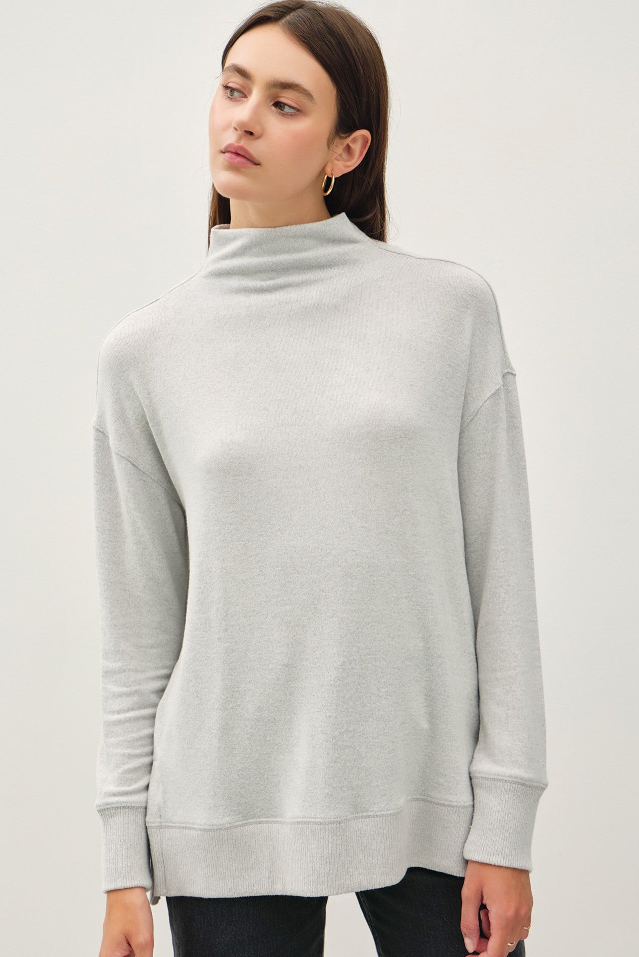 Be Cool Side Slit Mock Neck Long Sleeve Tunic Top Light Gray Apparel/Tops BE COOL Ship from USA TikTok Tops Trendsi USPS Walmart Walmart Apparel Trendsi https://www.cyberehub.com