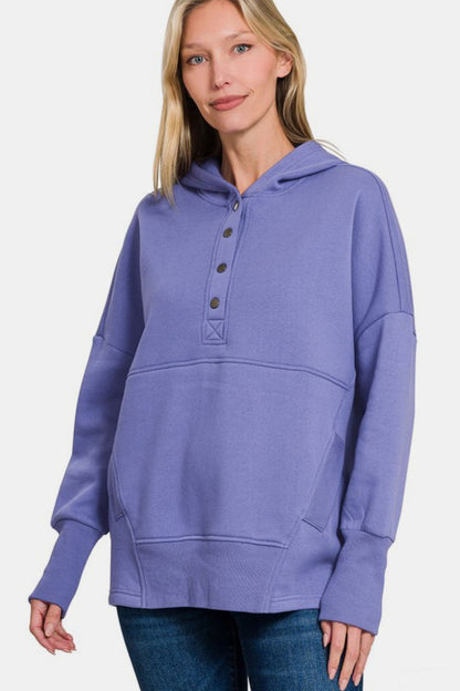 Zenana Half Snap Long Sleeve Hoodie with Kangaroo Pocket Apparel/Tops Ship from USA TikTok Tops Trendsi USPS Walmart Walmart Apparel Zenana Trendsi https://www.cyberehub.com